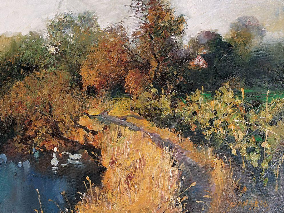 罗贯中油画江南水乡,江南水乡风景画秋色