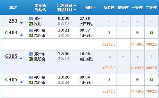 郑州到昆明仅需9小时高铁票价最低892元最高2818元！