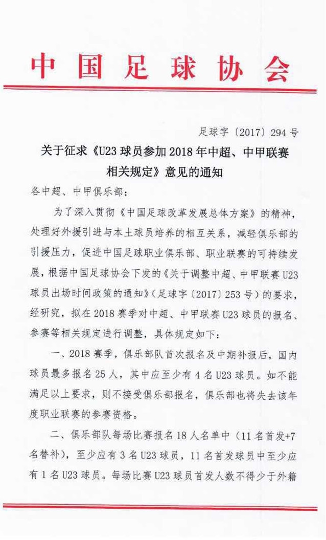 中国足协加强版u23政策,中国足协u23政策调整的通知