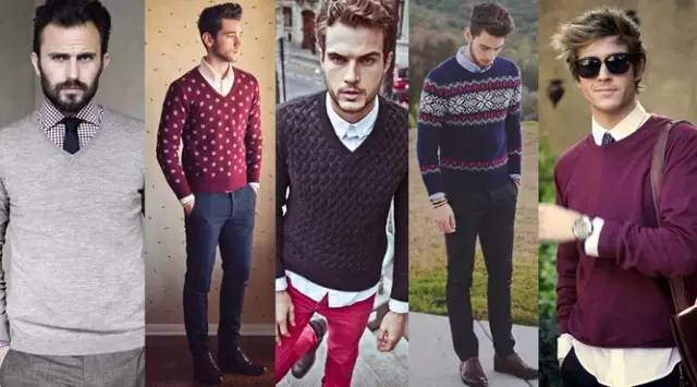 毛衣与衬衫的时髦搭配法,男士圆领蓝色毛衣搭配什么衬衫