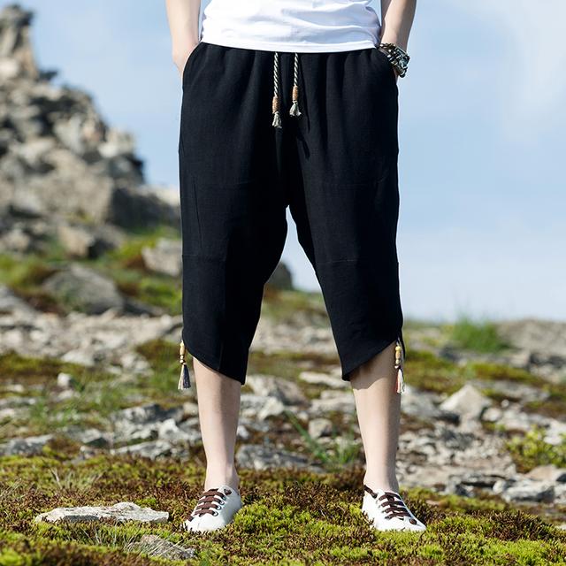 女士牛仔七分中裤哈伦萝卜裤,亚麻休闲民族风哈伦裤