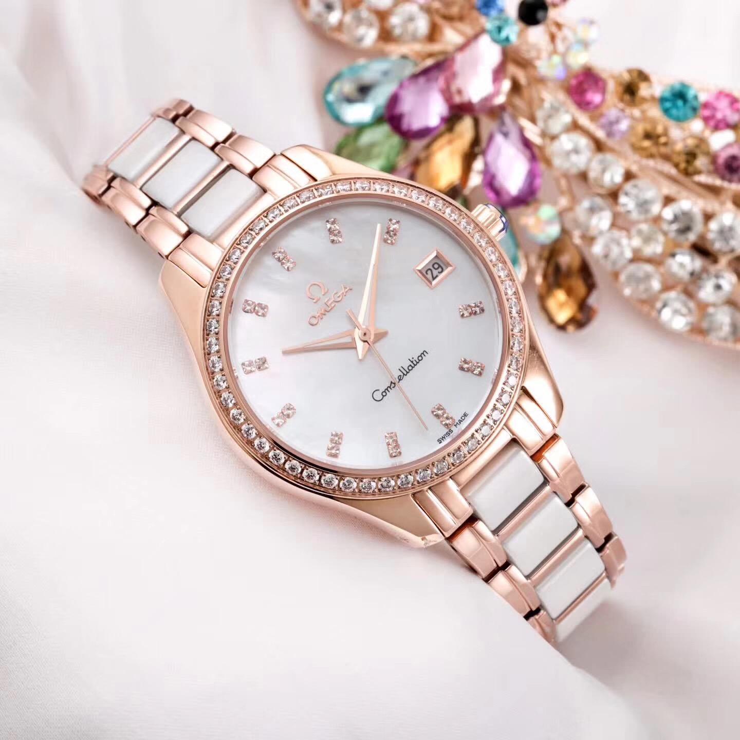 欧米茄omega星空镶钻腕表,女神专属轻奢镶钻陶瓷腕表