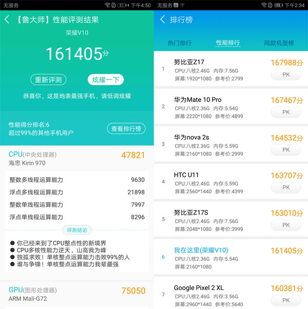 荣耀v102018年跑分,荣耀v10的跑分是多少