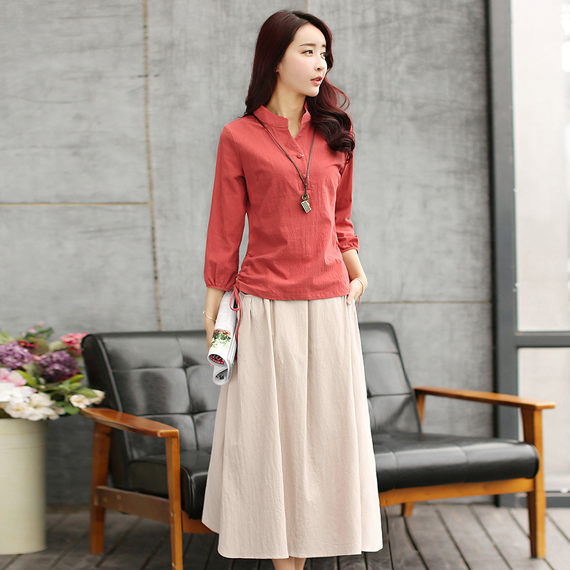 散发强大女神气场，让人过目不忘的棉麻立领中长裙套装