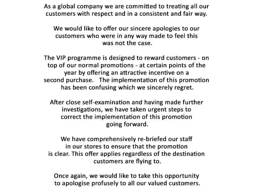 希斯罗机场免税店声明,希思罗机场致歉声明