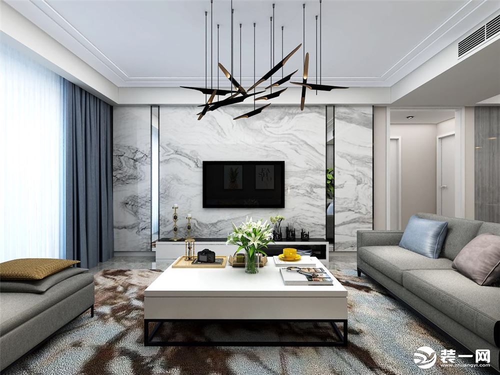 客厅背景墙设计帅气爆棚，青岛鲁润静园146㎡，现代硬包预算10万