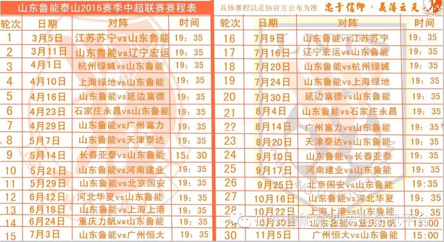 2016山东鲁能赛程表,山东鲁能2019赛季开赛
