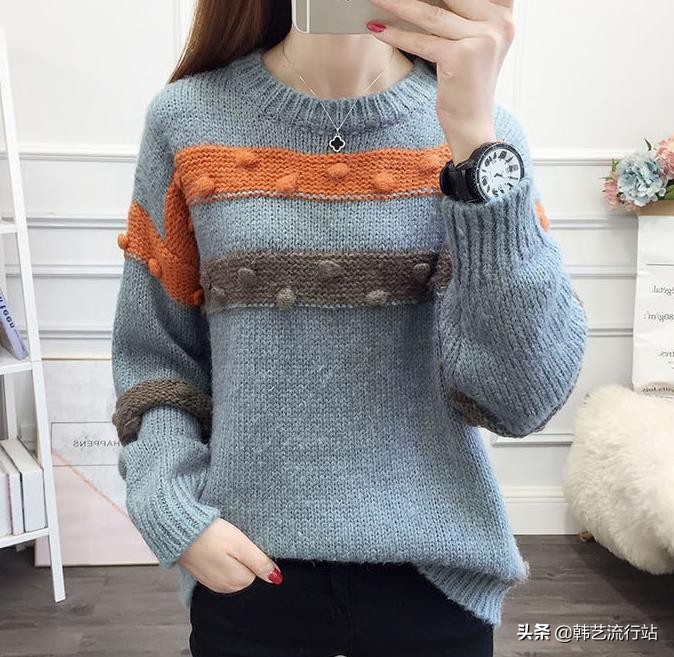 新款韩系秋冬针织毛衣,韩系软糯感浅蓝色针织毛衣