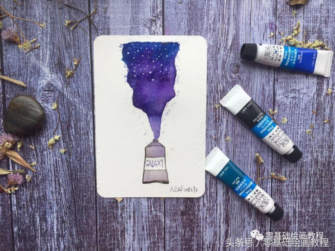 水彩颜料画星空简单版鲸鱼,固体水彩颜料教程星空