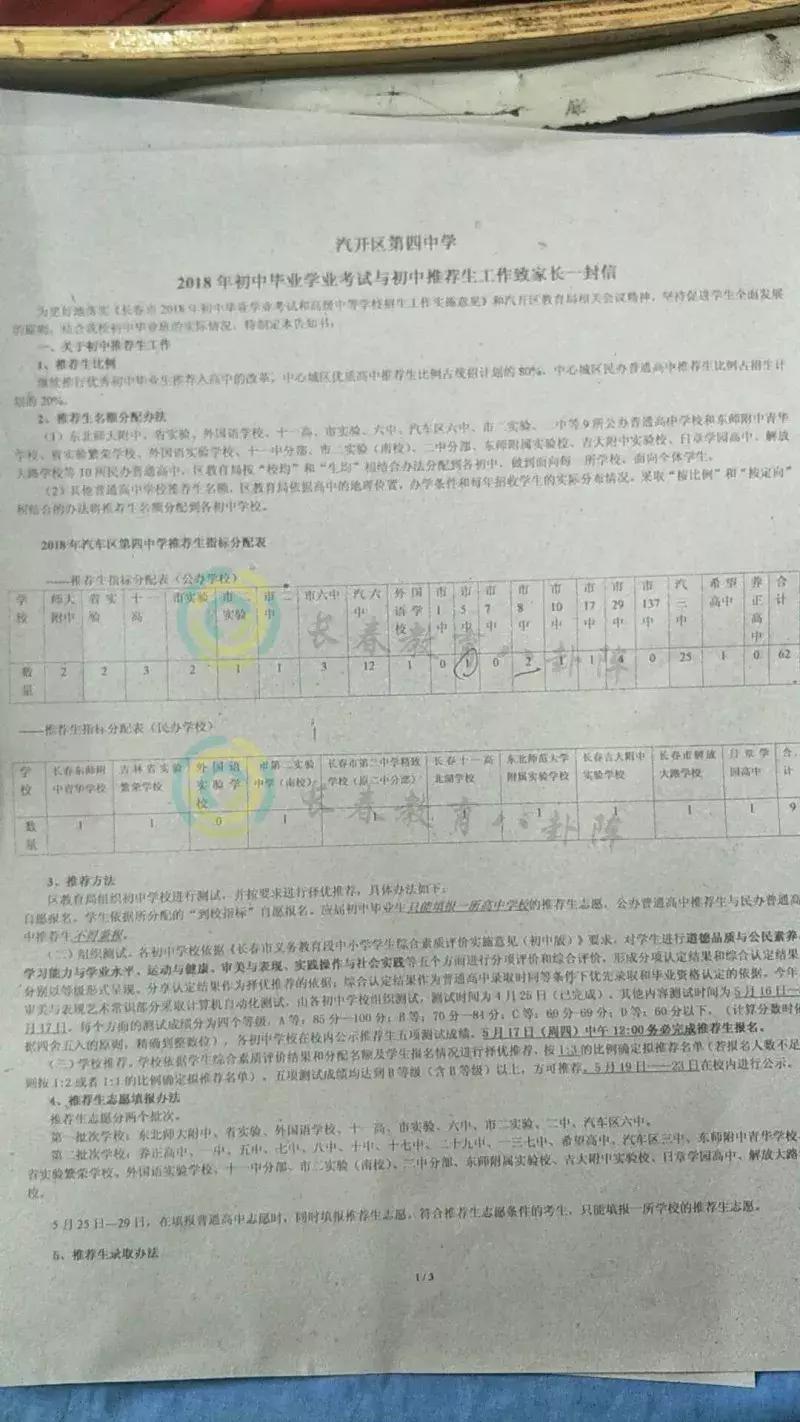 长春初中各学校推荐生,长春市各个学校推荐生名额