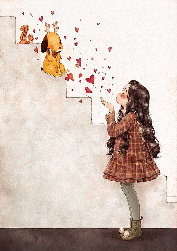 韩国森林女孩冬季插画 (手绘插画森林少女背影图片)