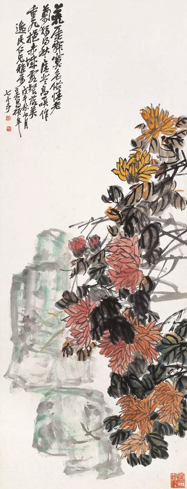 吴昌硕菊花国画作品欣赏,吴昌硕画的菊花