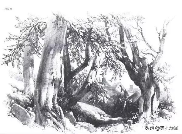 素描风景临摹高清大图简单范本,有山有水有倒影的素描风景图