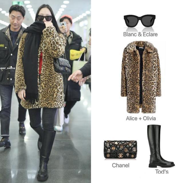 郑秀晶呢子大衣机场穿搭,郑秀晶豹纹