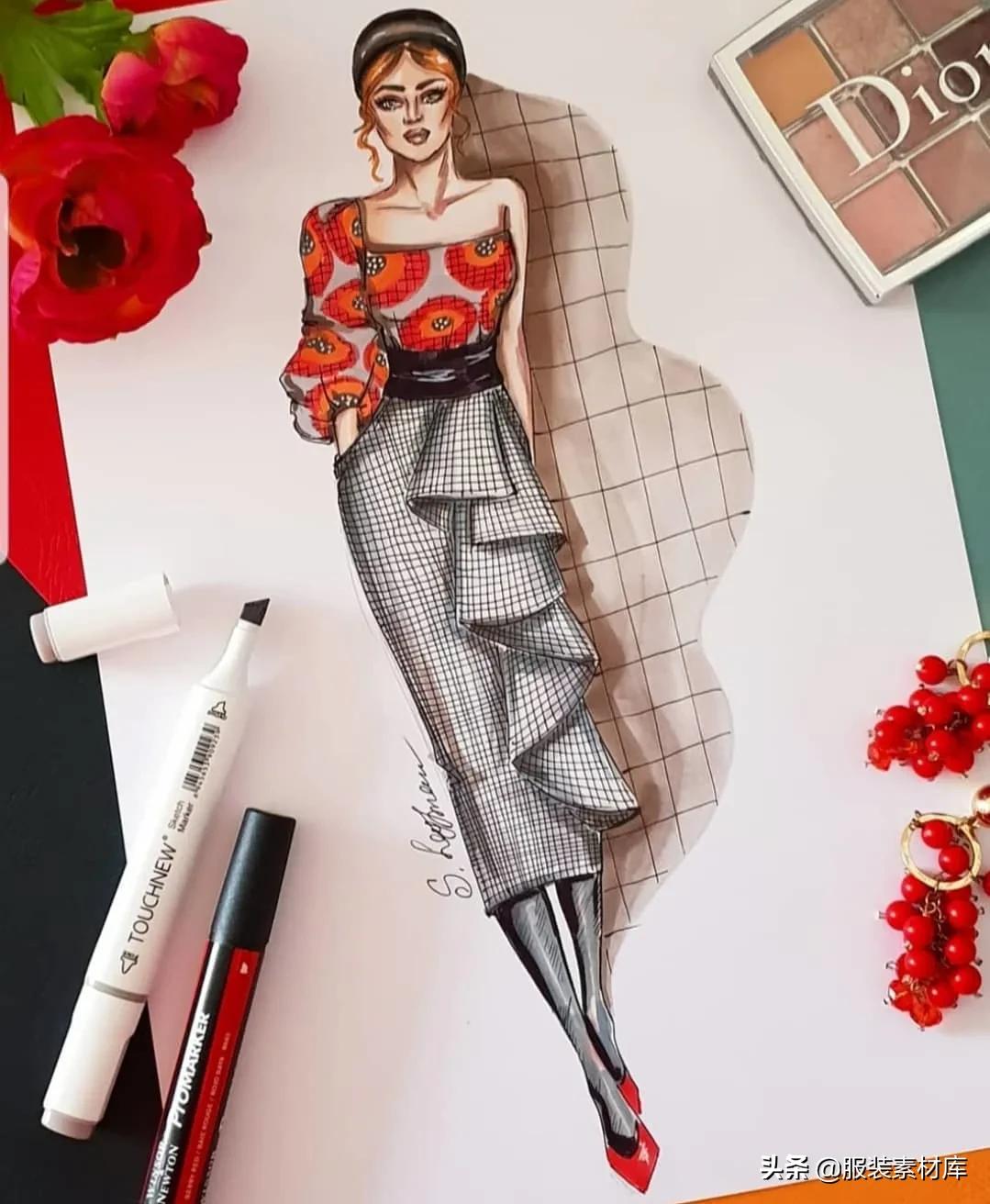 马克笔时装手绘,时装效果图马克笔