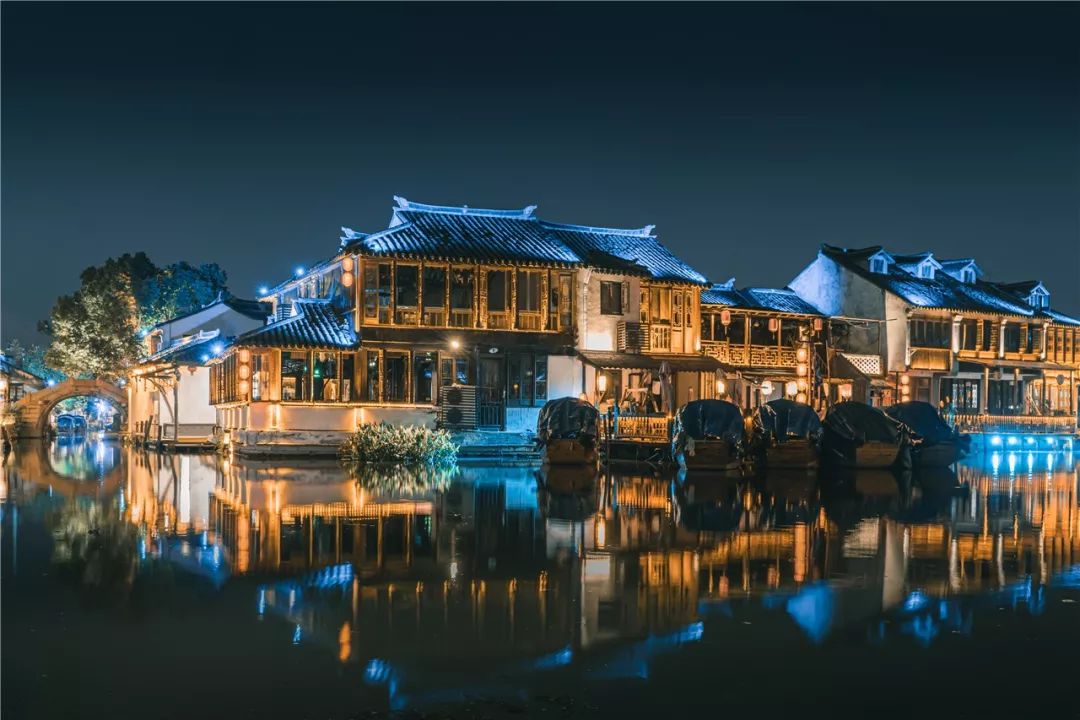枫桥夜泊和七里山塘夜景,夜晚苏州枫桥夜泊