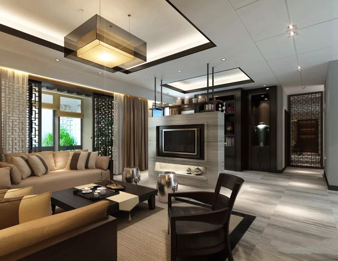 背景墙家装设计现代轻奢风客厅,禅意新中式厨房吊顶效果图