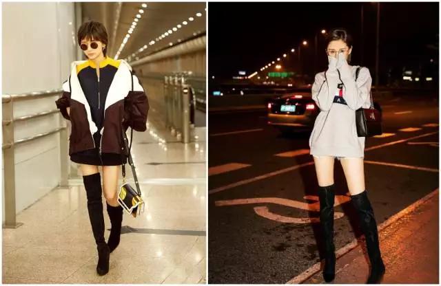 烟灰色牛仔裤怎么搭过膝靴,小香风皮毛外套搭配牛仔裤过膝靴