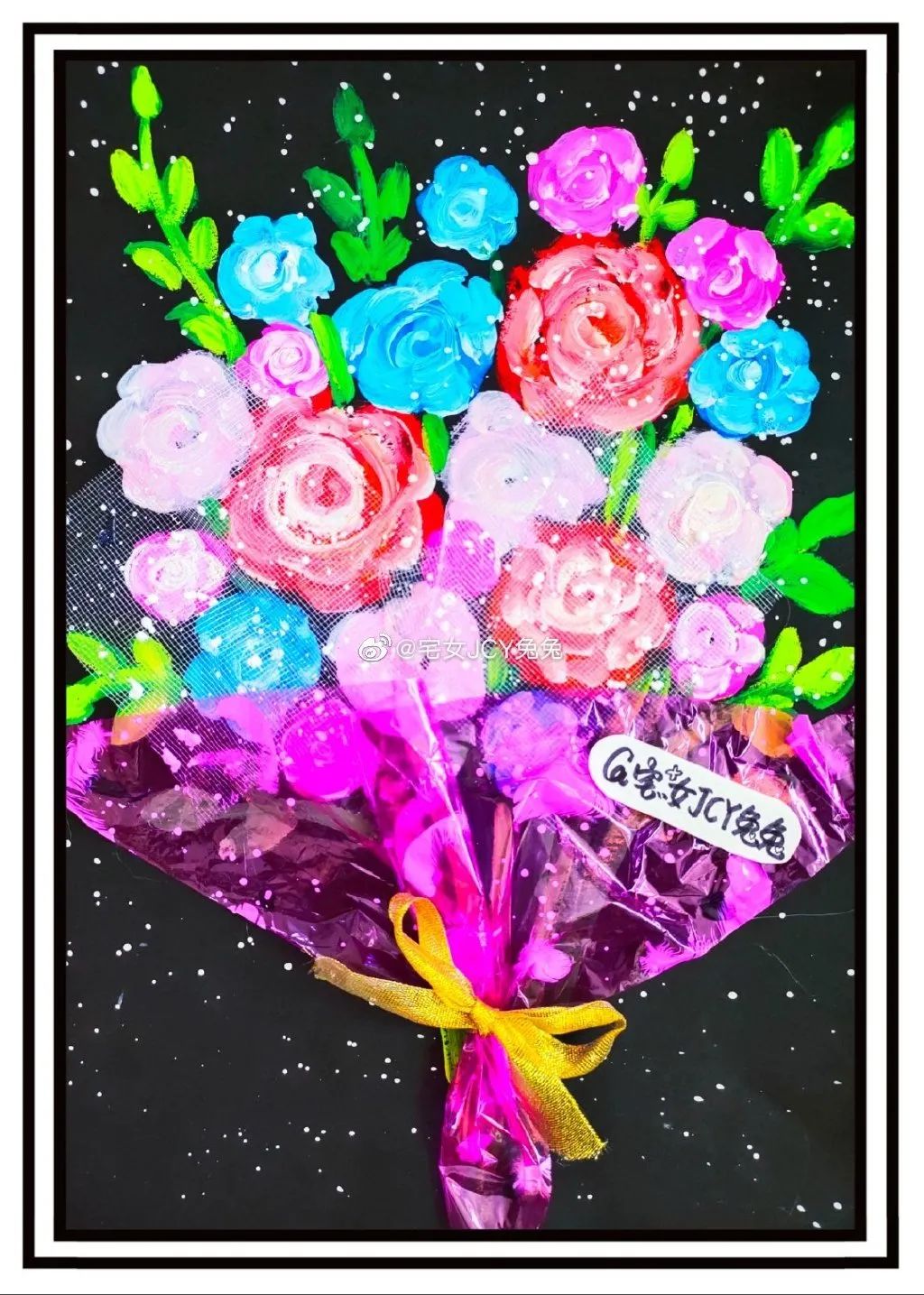 儿童绘画花束创意画,感恩节手工作品花束模版片头片尾