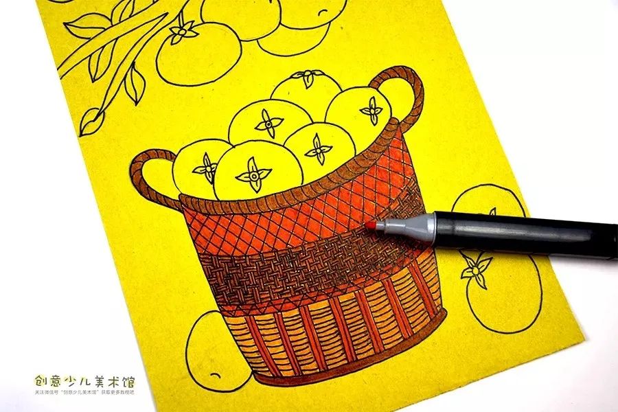 儿童水墨画篮子里的柿子,儿童绘画一篮子柿子作品