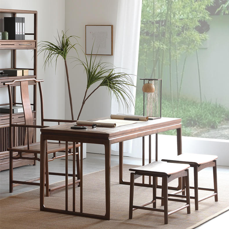 日式茶室书桌禅意设计,原木茶台书桌一体禅意