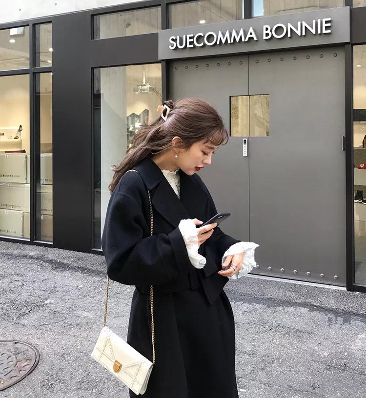 韩系欧尼风衣外套,韩国欧尼黑色大衣搭配