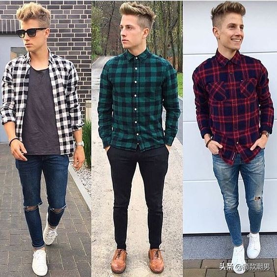 2020最潮男人格子衬衫短款长袖,格子衬衫男装搭配