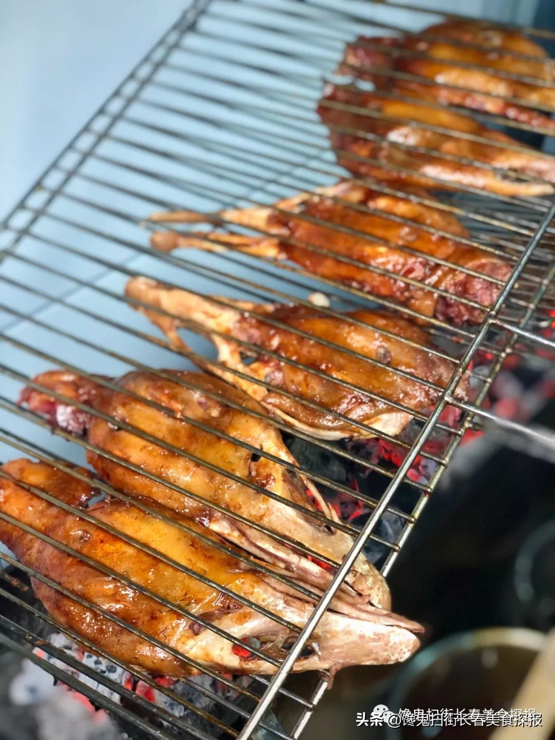 二道老厂区奇店。鹅的一切，全都炭火烤。烤鹅脖大锤抡