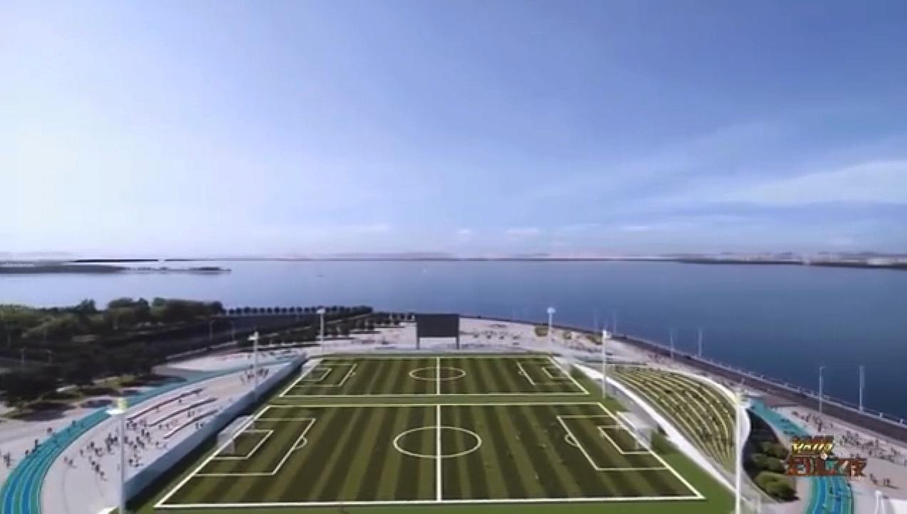 大连梭鱼湾专业足球场膜结构,鸟瞰大连梭鱼湾足球场