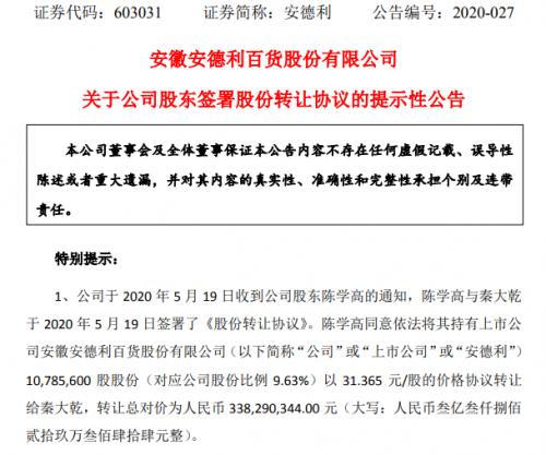 3.85亿卖控制权后,安德利董事长再卖股权套现3.38亿