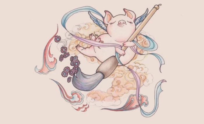 手绘猪可爱图片,国风画风精致的手绘