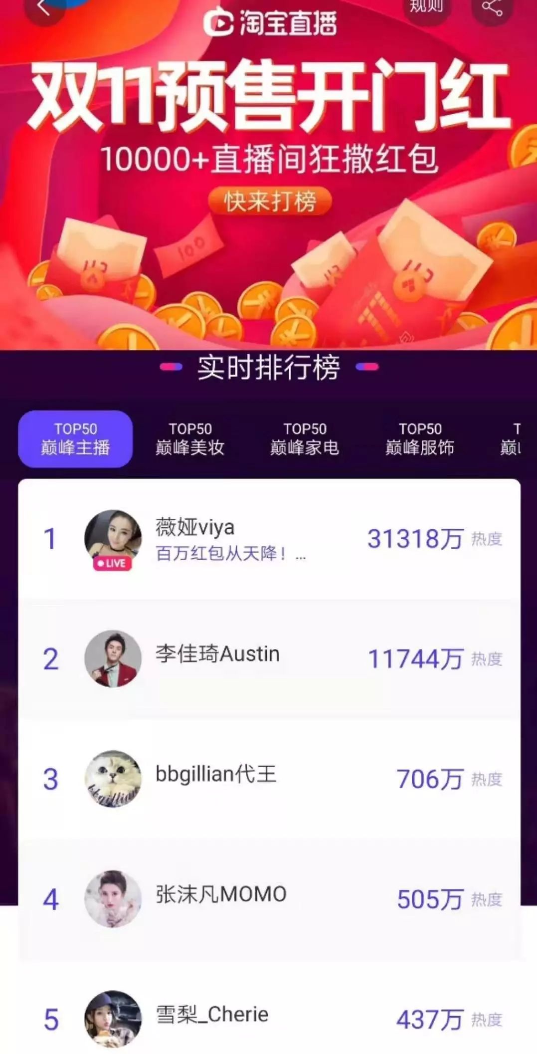 淘宝双十一直播主播,双十一淘宝直播排名