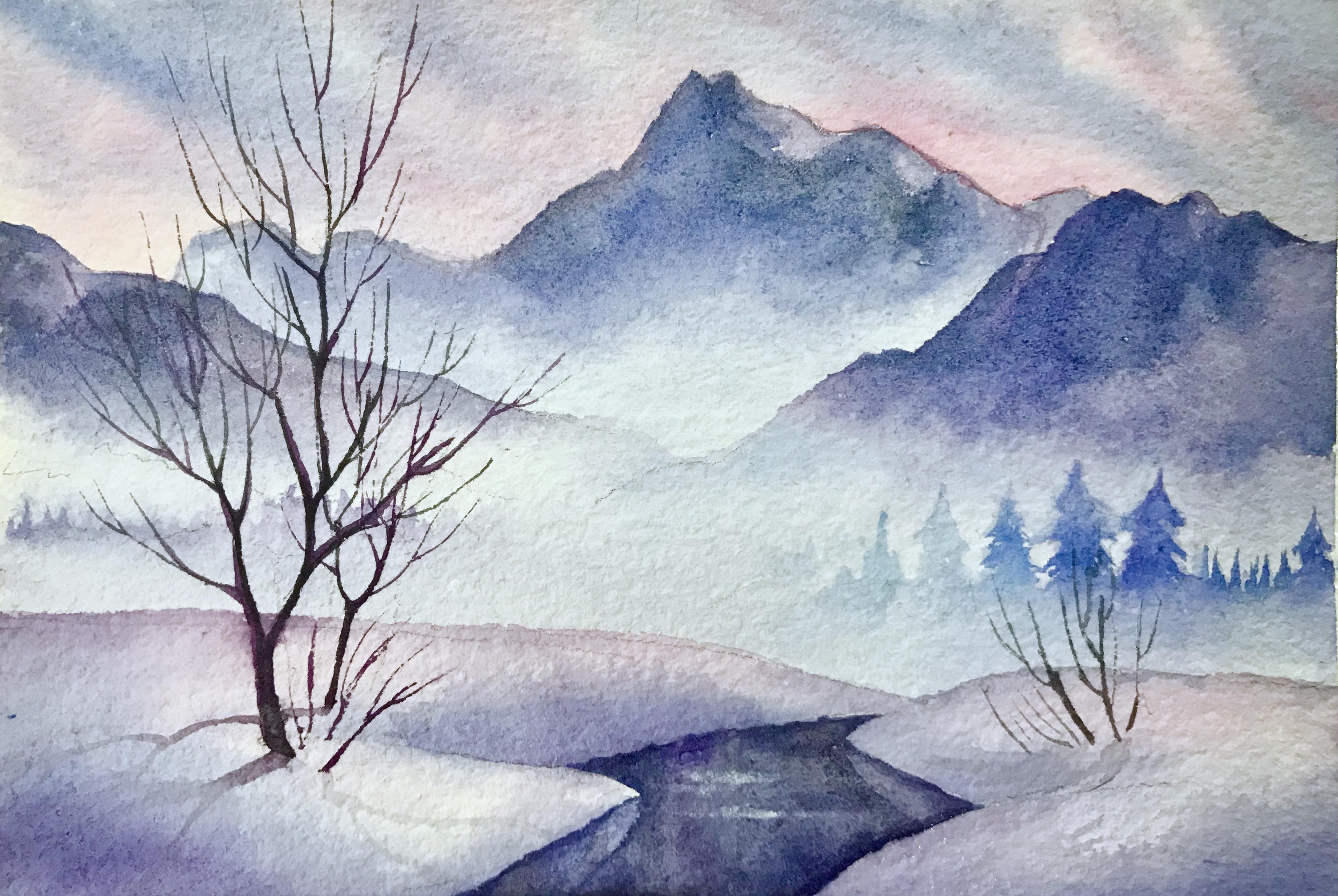 教你用水彩画风景画,用水彩笔画雪景图