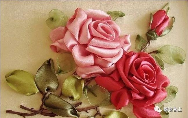 丝带绣盘结玫瑰花绣法图解,丝带绣图案教程牡丹