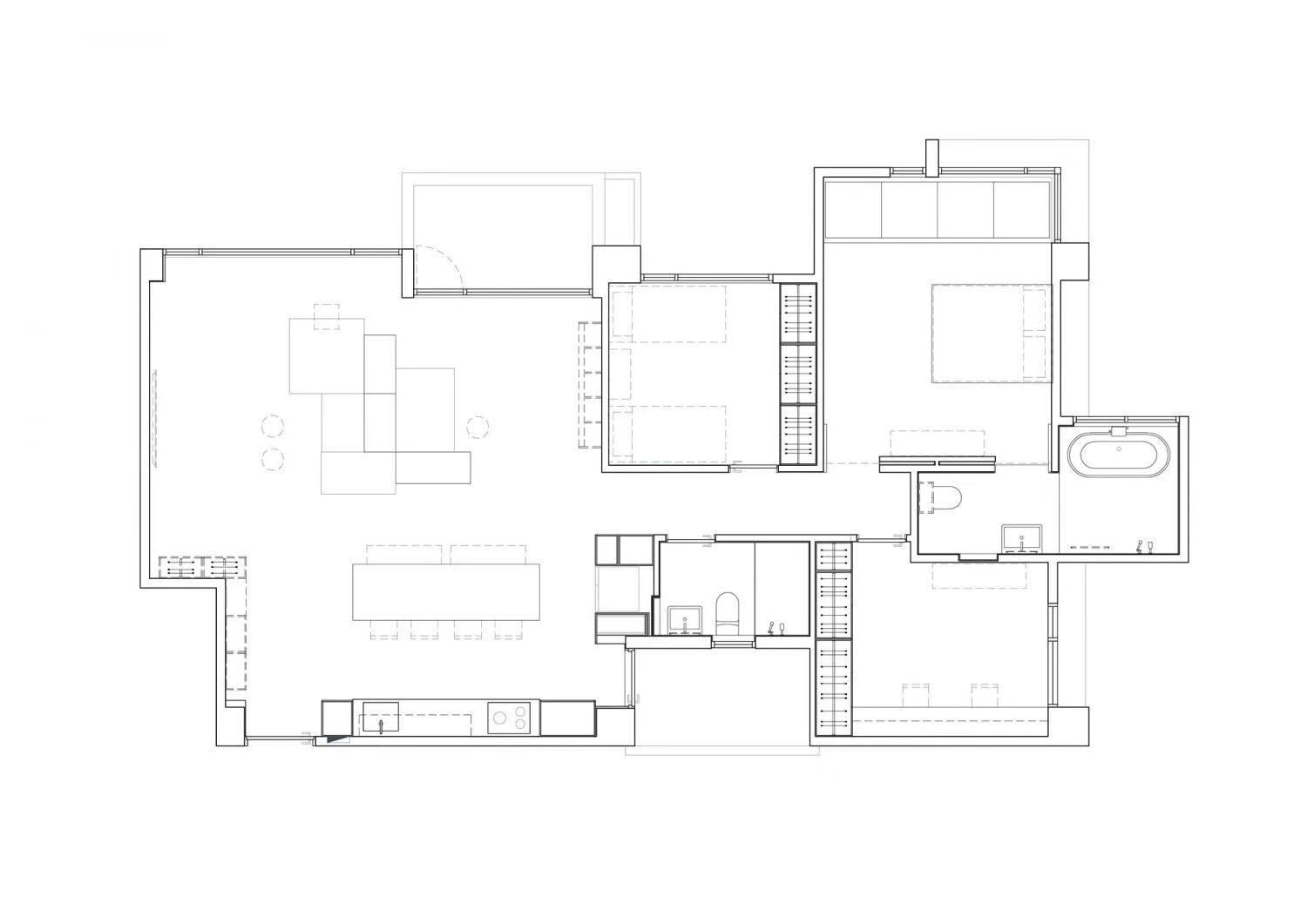 进门左手厨房餐厅客厅一体长方形,现代轻奢装修风格餐厅厨房一体