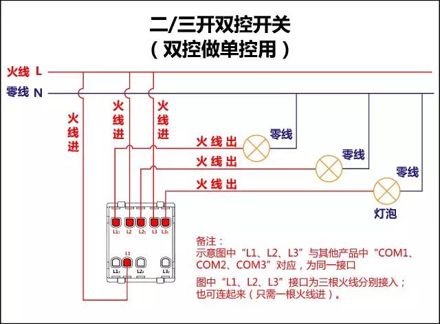 四条线单控开关接线图,单开三控开关的接线方法线路图