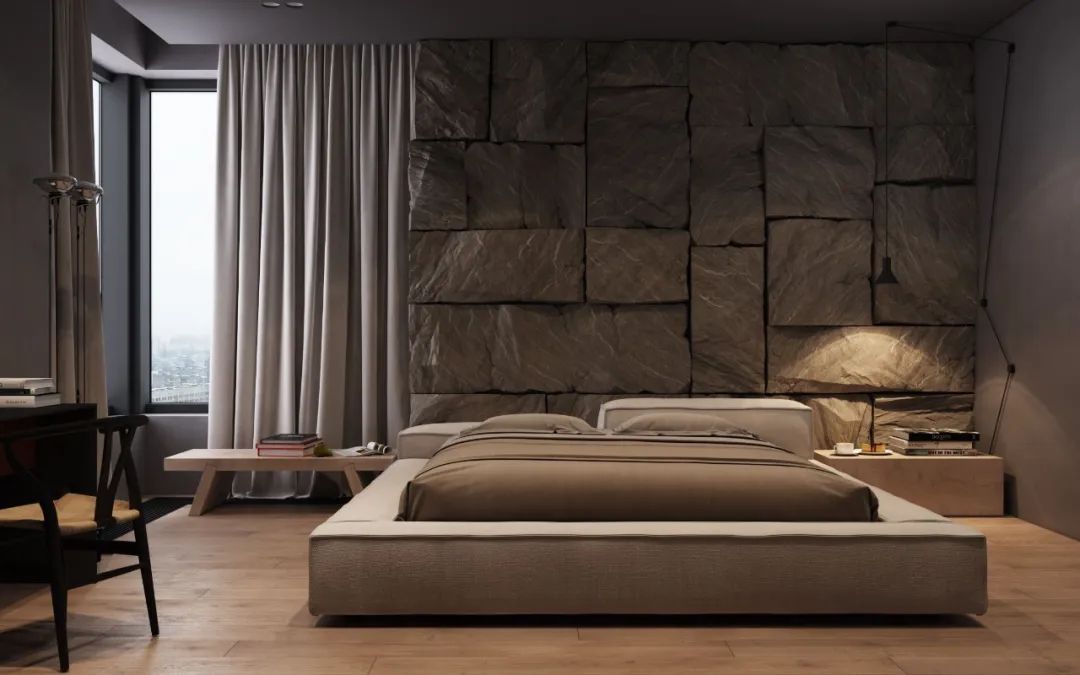 卧室床柜一体效果图,现代简约卧室家具全套