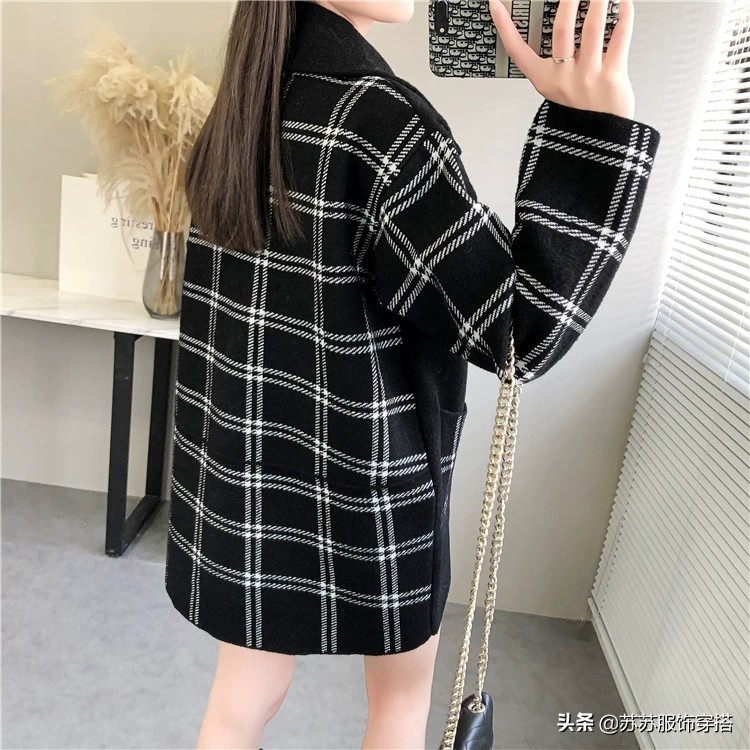 时尚西装领格子外套女秋冬新款韩版宽松小个子呢子大衣
