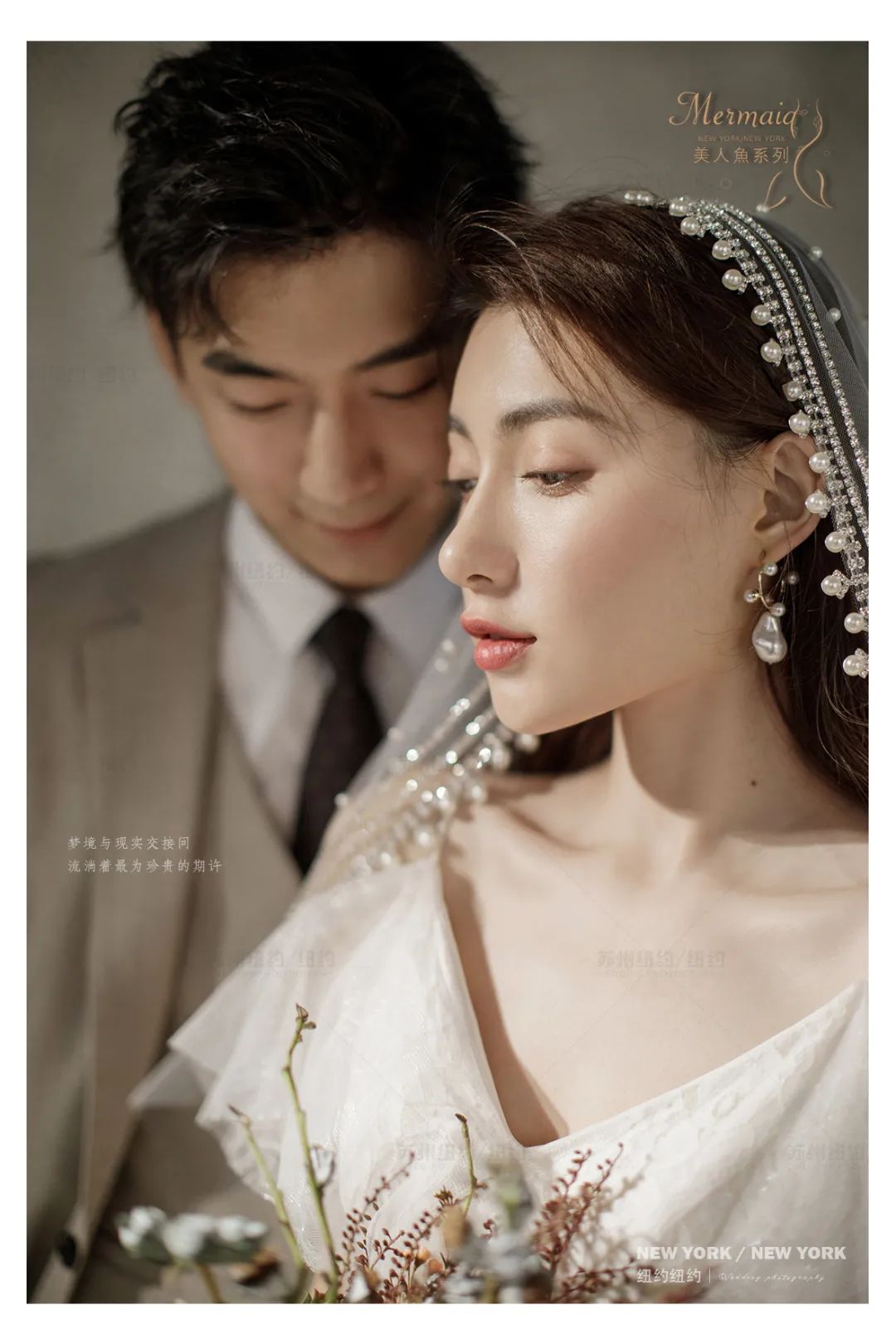 白色蝴蝶结油画婚纱照,森系油画风格婚纱照不戴帽子戴花