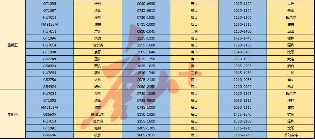 唐山机场2023航班时刻表,唐山三女河机场航班时刻表