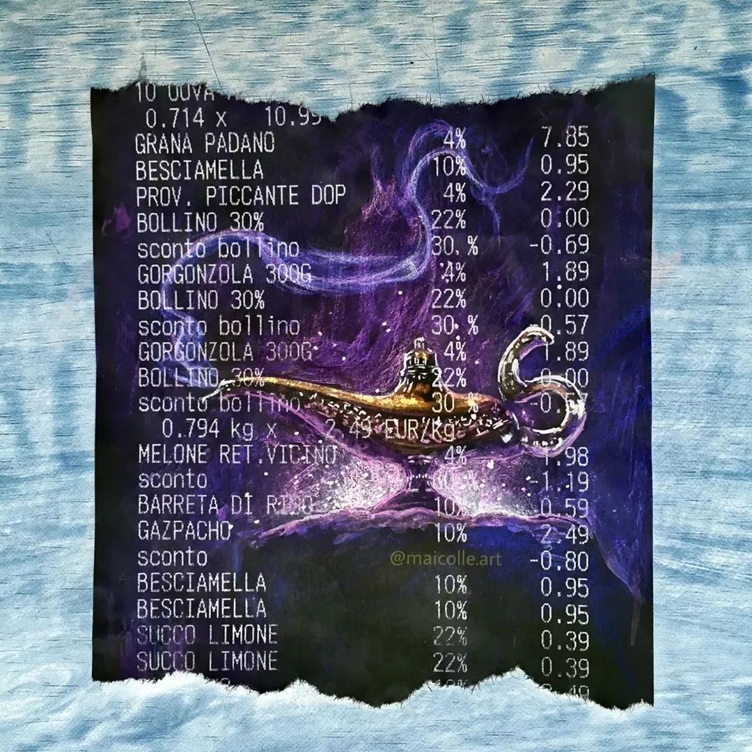 画纸用光了？多去几趟超市就有了。他把购物小票秒变成世界名画