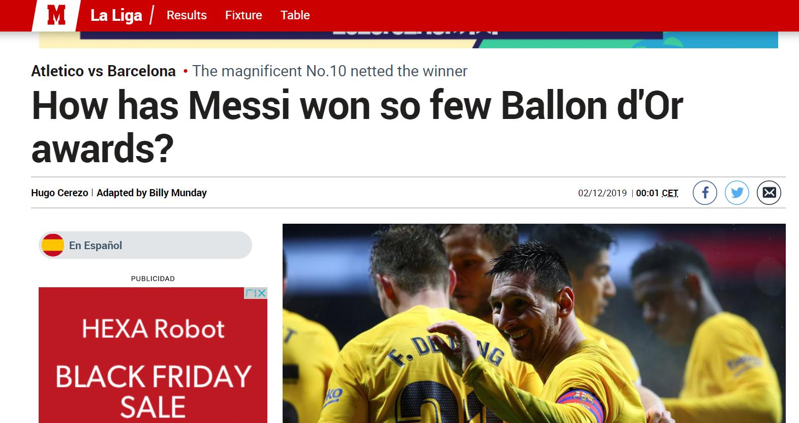 马卡反向吹梅西：为何金球奖拿得这么“少”？