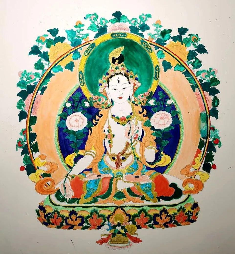 黑金白度母手绘唐卡,手绘白度母唐卡