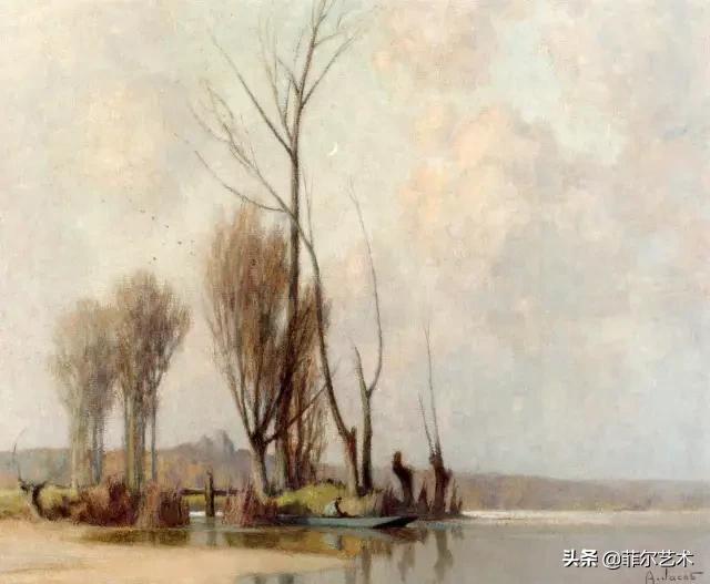 极简油画金色麦田和山,以红蓝为基调的风景油画