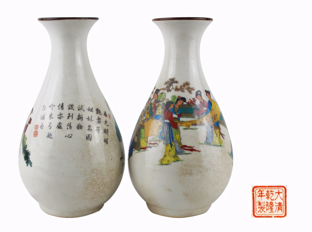 清晚期粉彩人物玉壶春瓶,粉彩花蝶纹玉壶春瓶