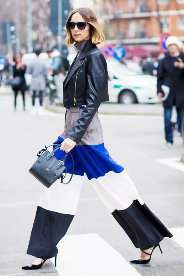 阔腿裤搭皮衣冬季搭配,秋冬阔腿裤黑皮衣搭配