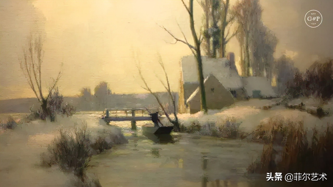 极简油画金色麦田和山,以红蓝为基调的风景油画