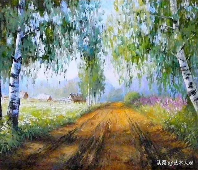 美丽又简单的远山倒影油画,风景优美的小河油画