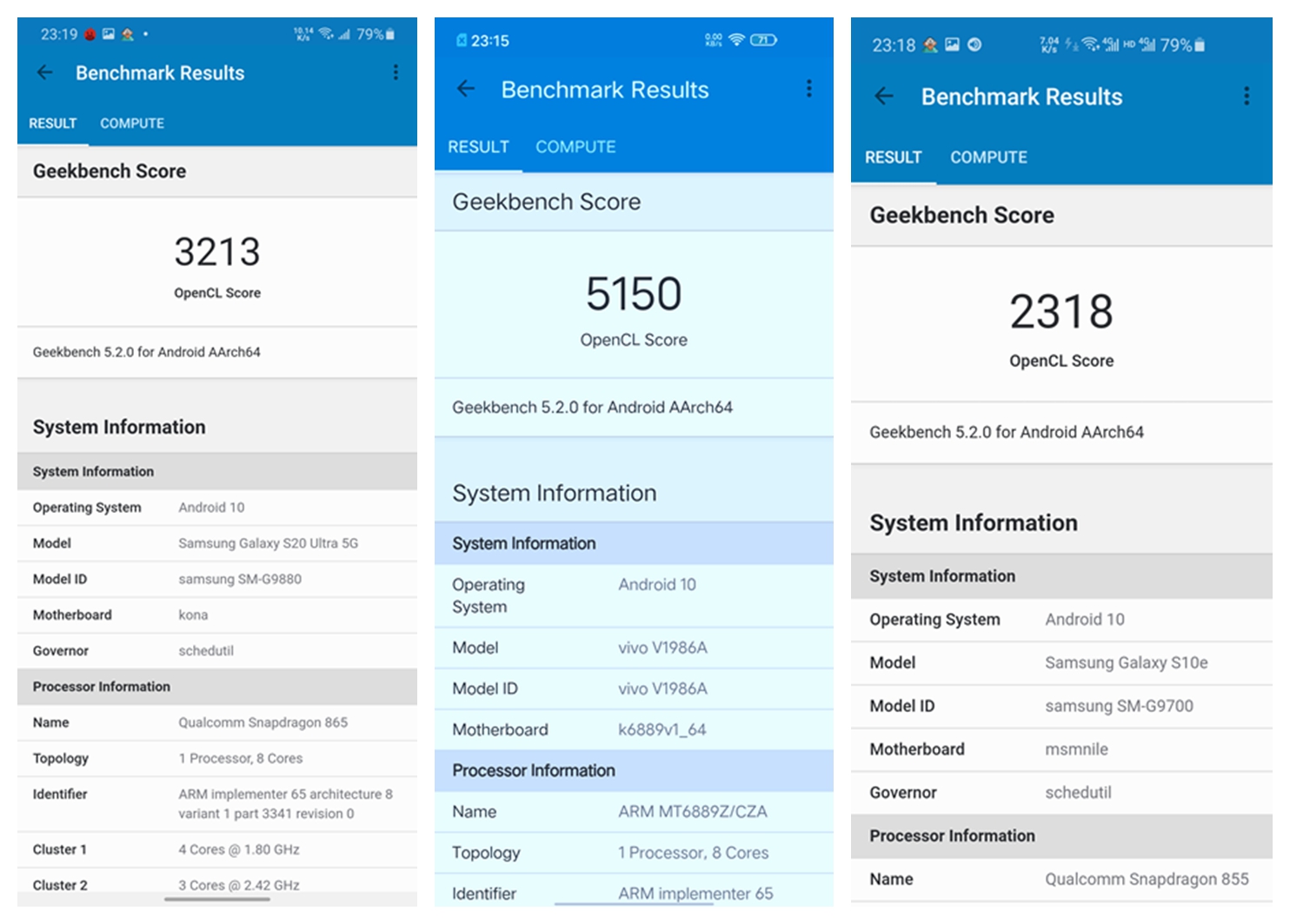 三星S20U/iQOOZ1/三星S10e，实机跑分看性能差距