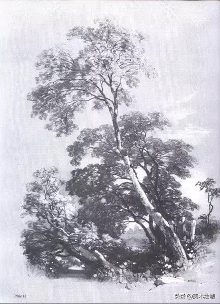 素描风景临摹高清大图简单范本,有山有水有倒影的素描风景图